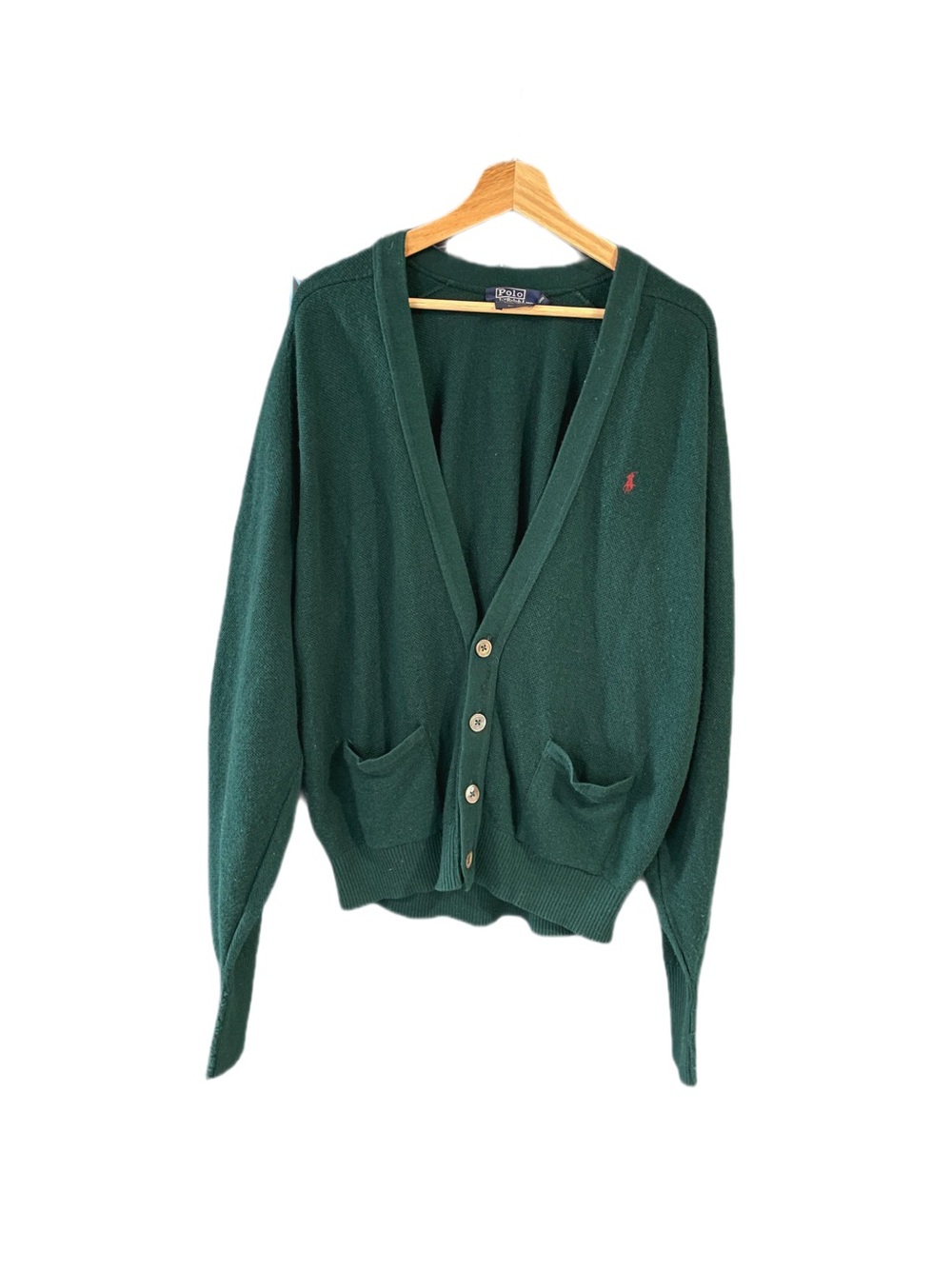 Vintage Polo by Ralph Lauren green wool cardigan, size L. Mini red logo.
